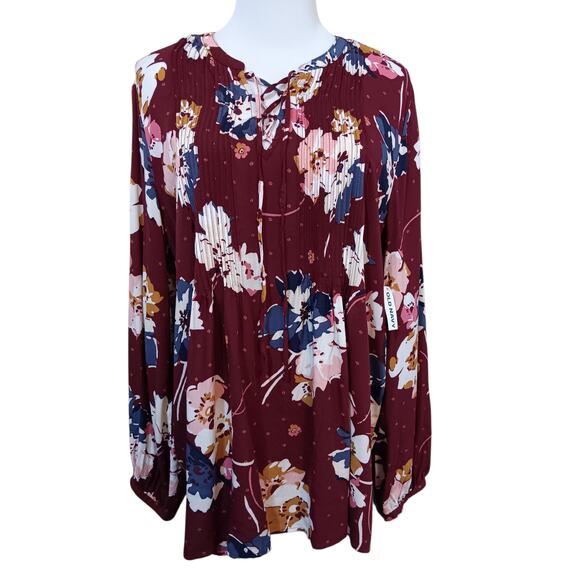 NEW OLD NAVY Burgundy Floral Boho Peasant Top Blouse Tunic Large Flowy Tucks - Picture 2 of 9